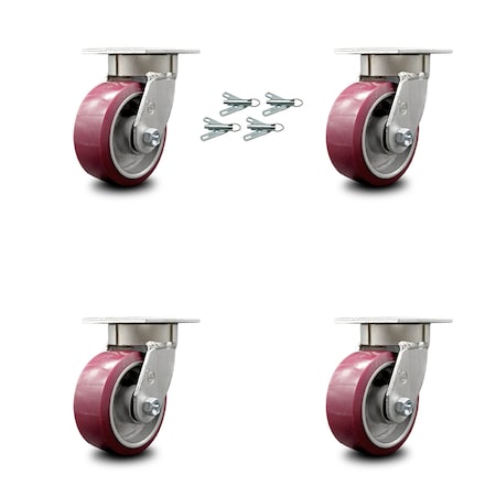 Service Caster 5 Inch Kingpinless Poly on Aluminum Wheel Swivel Caster Set with Swivel Locks SCC-KP30S520-PAR-BSL-4